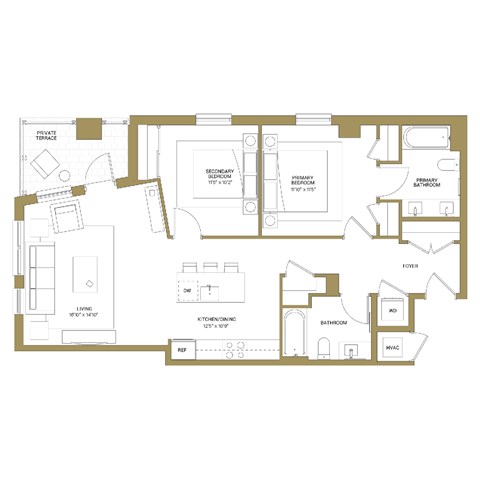 A floor plan of a house with a living room, kitchen, bathroom, and bedrooms.